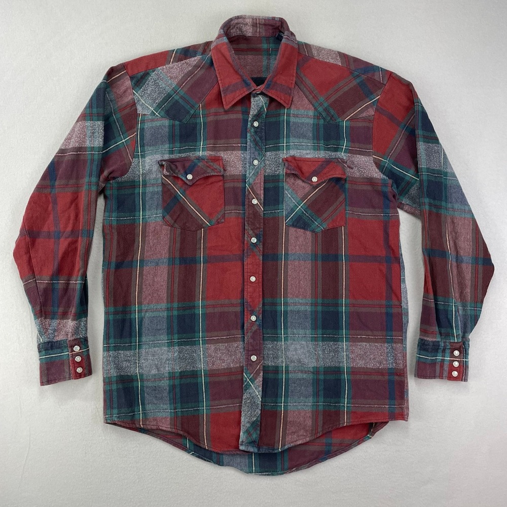 VTG Western Flannel Shirt Mens 2XL Tall Red Plaid Thick Pearl Snap‎ Cowboy Rodeo